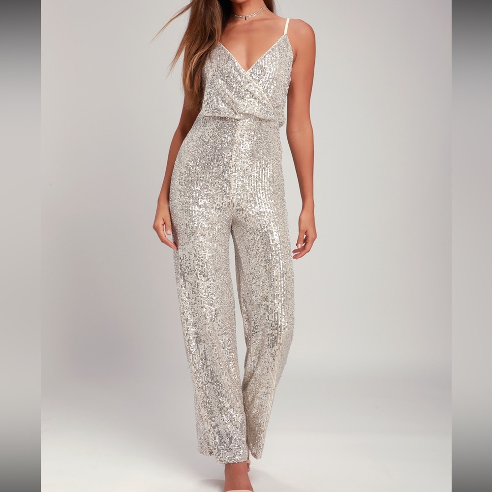 Lulus Hypnotic Beat Silver Sequin Surplice Jumpsuit